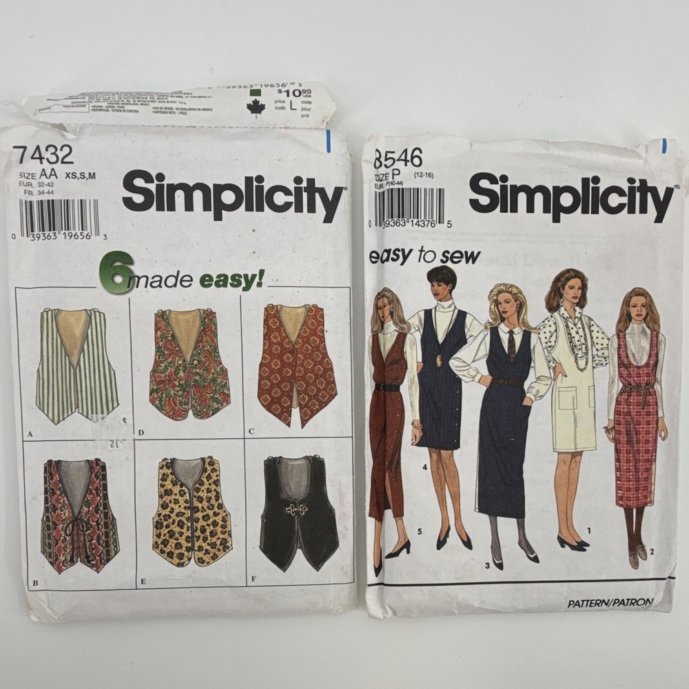 VTG Simplicity sewing patterns misses dresses vests 90s craftcore DIY 7432 8546